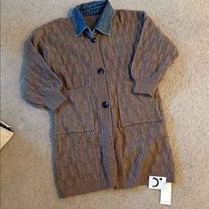 Commenter Brown Knit Cardigan with Denim Collar
